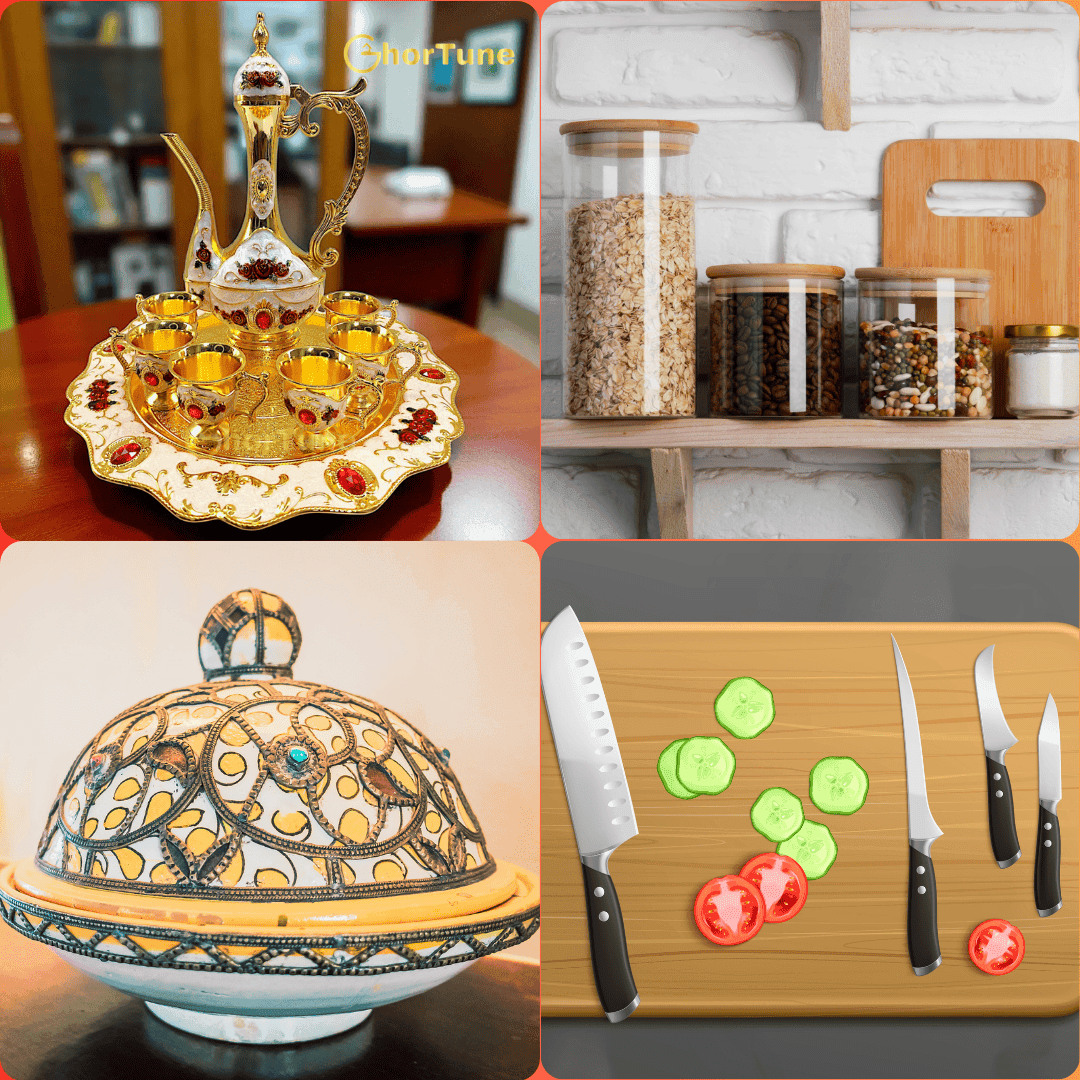 Ornate coffee serving set, clear glass food storage canisters, decorative Moroccan tagine, wood cutting board, and stainless steel kitchen knife set.