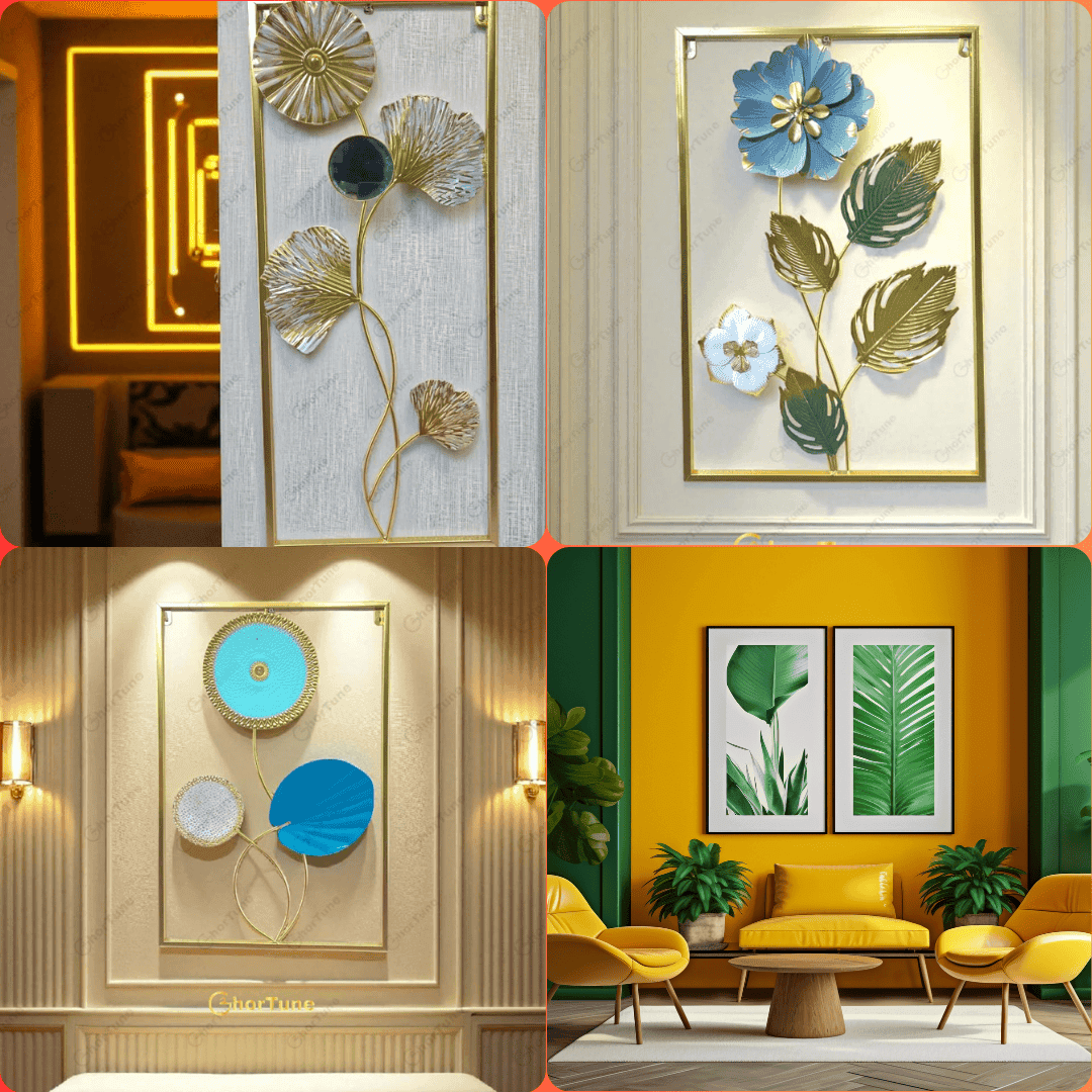 Modern wall art and home decor: metal wall sculptures, framed prints, and botanical wall art.