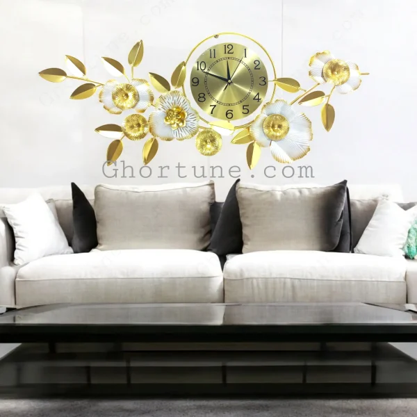 Premium Quality Gold and White Floral Metal Wall Clock, 37 inches long, showing the exact dimensions.