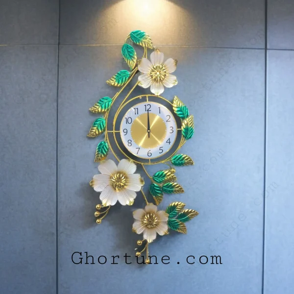 Best Quality Luxury Floral Metal Wall Clock with white flowers and green/gold leaves, hanging on a modern wall.