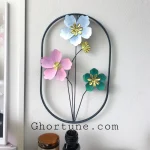 Oval Frame Metal Flower Art with pastel colors (pink, blue, green, gold) for modern home wall decoration.