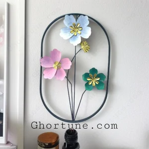 Oval Frame Metal Flower Art with pastel colors (pink, blue, green, gold) for modern home wall decoration.