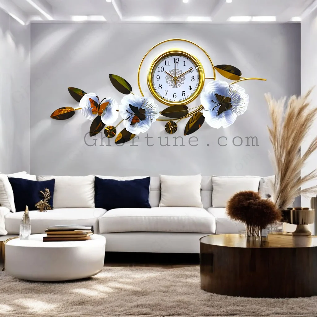 Luxury Floral Metal Wall Clock with butterfly and white flowers, showing premium quality size above a living room sofa.