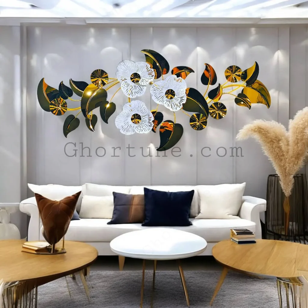 Luxury Large Horizontal Wall Decor with white & gold flowers hanging above a sofa, showing premium quality size.