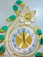 High Quality white metal flower and green leaves on the Elegant Metal Wall Clock with bright gold accents.