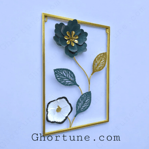 Detail shot of the Gold Frame Art showing the thin metal stem and layered metallic leaves of the Modern Floral Wall Hanging.