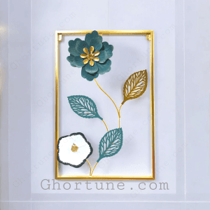 Modern Floral Metal Wall Hanging in a Rectangular Gold Frame Art style. Luxury wall decor piece for living room or bedroom.