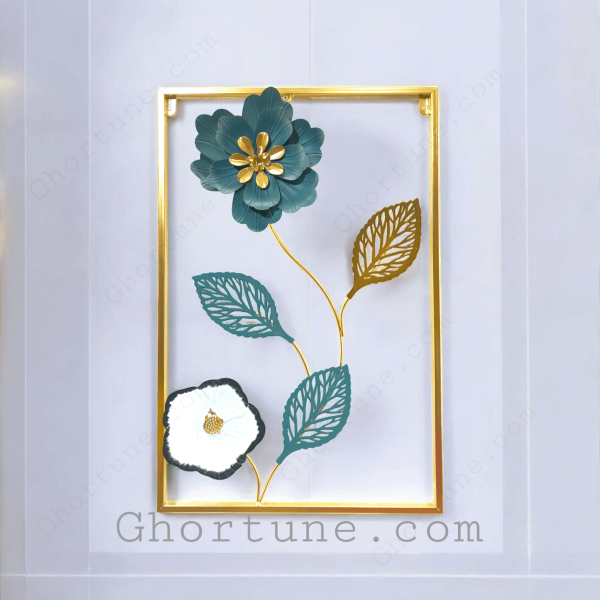 Modern Floral Metal Wall Hanging in a Rectangular Gold Frame Art style. Luxury wall decor piece for living room or bedroom.