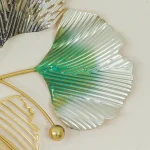 Decorative Metal Made Body Golden, Green and Silver Color Gingko Leaf Design Wall Clock
