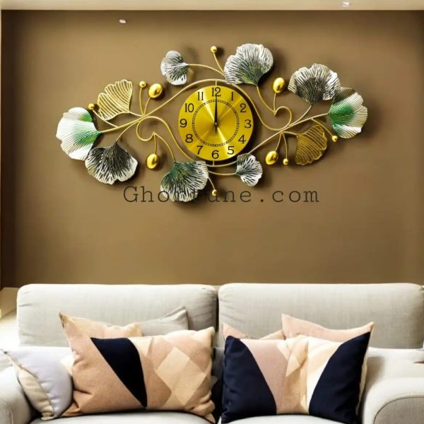 Decorative Metal Made Body Golden, Green and Silver Color Gingko Leaf Design Wall Clock