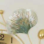Decorative Metal Made Body Golden, Green and Silver Color Gingko Leaf Design Wall Clock