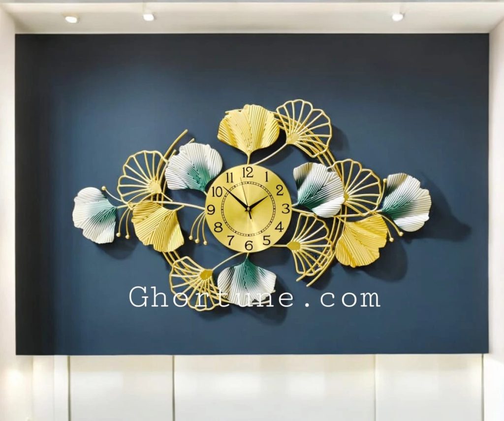 Metal Body Golden, Green, Silver Color Gingko Leaf Design Wall Clock