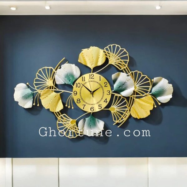 Metal Body Golden, Green, Silver Color Gingko Leaf Design Wall Clock