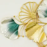 Metal Body Golden, Green, Silver Color Gingko Leaf Design Wall Clock