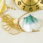 Metal Body Golden, Green, Silver Color Gingko Leaf Design Wall Clock